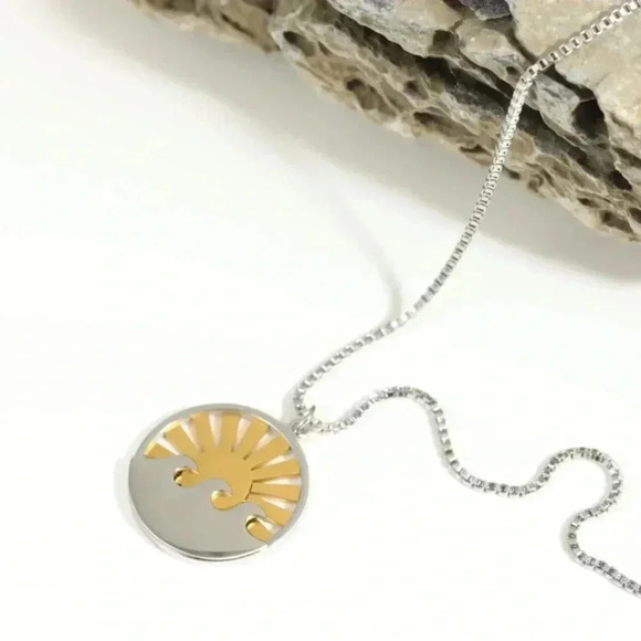 *NEW* 18K Gold Plated Stainless  Steel Sun & Waves Two Tone Necklace - Picture 4 of 7
